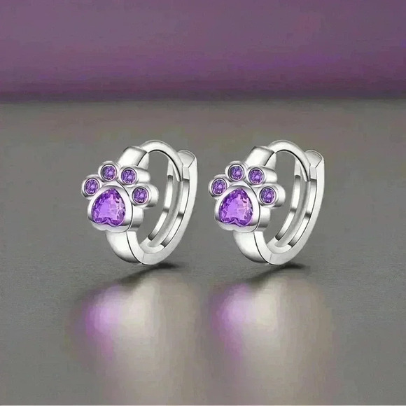 Paw Print Zircon Hoop Earrings in Purple - Picture 3 of 6